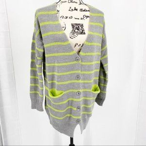 LUSH Button Front Gray & Lime Green Striped Cardigan Sweater with Pocket Small